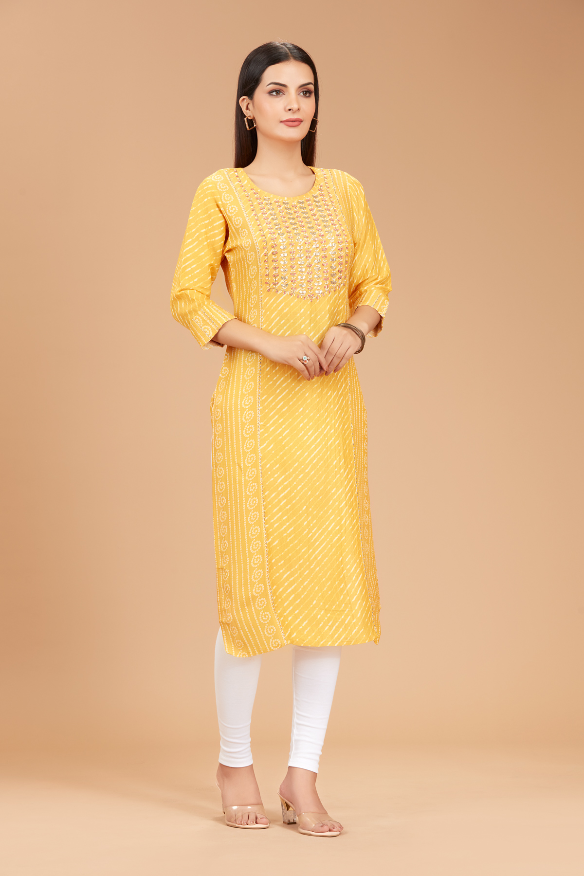 Yellow Printed Straight Kurti